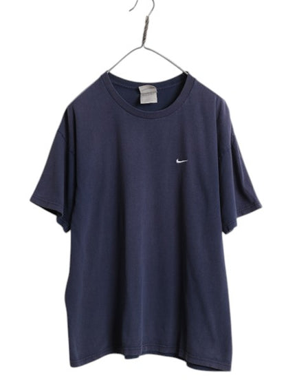 00s ナイキ スモール スウッシュ 刺繍 半袖 Tシャツ メンズ M オールド コットン ワンポイント クルーネック シンプル カットソー ネイビー