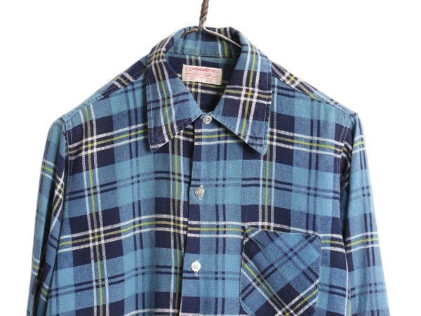 70s チェック 長袖 フランネル シャツ メンズ S / ヴィンテージ 長袖シャツ プリント ネルシャツ ポケット付き ノーアイロン コットン 薄手