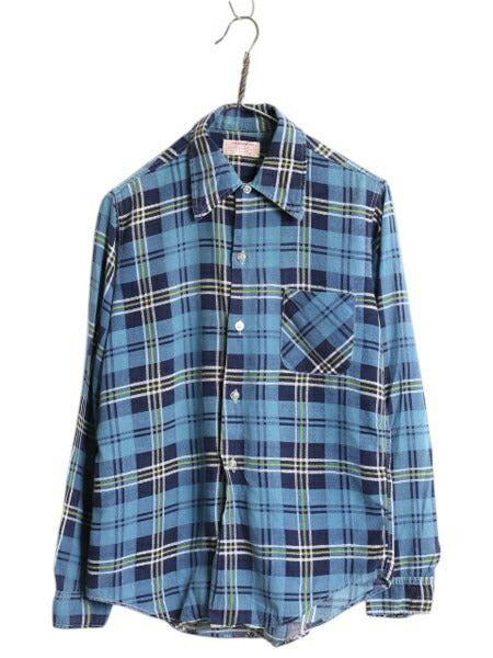 70s チェック 長袖 フランネル シャツ メンズ S / ヴィンテージ 長袖シャツ プリント ネルシャツ ポケット付き ノーアイロン コットン 薄手