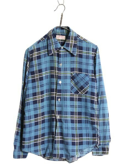 70s チェック 長袖 フランネル シャツ メンズ S / ヴィンテージ 長袖シャツ プリント ネルシャツ ポケット付き ノーアイロン コットン 薄手