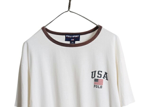 90s ポロスポーツ ラルフローレン プリント 半袖 リンガー Tシャツ メンズ XL オールド 星条旗 カットソー シングルステッチ 大きいサイズ