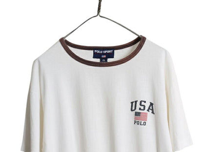90s ポロスポーツ ラルフローレン プリント 半袖 リンガー Tシャツ メンズ XL オールド 星条旗 カットソー シングルステッチ 大きいサイズ