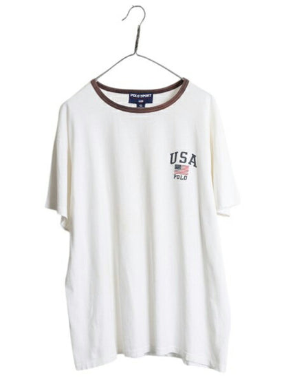 90s ポロスポーツ ラルフローレン プリント 半袖 リンガー Tシャツ メンズ XL オールド 星条旗 カットソー シングルステッチ 大きいサイズ