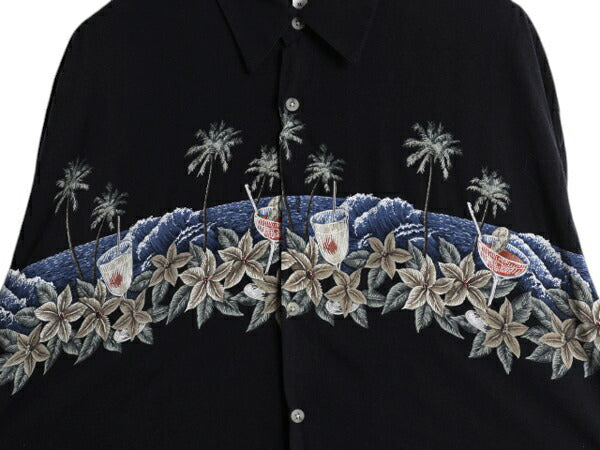 90s ピエールカルダン レーヨン 半袖 アロハ シャツ メンズ XL / オールド ハワイアン ゆったり マルチカラー 大きいサイズ 総柄 ブラック