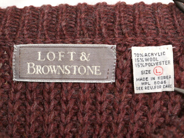 90s チャンキー ニット セーター メンズ L 古着 LOFT＆BROWNSTONE アクリル ウール リブ編み 長袖セーター 無地 クルーネック バーガンディ