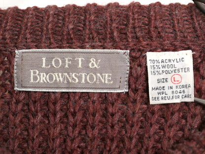 90s チャンキー ニット セーター メンズ L 古着 LOFT＆BROWNSTONE アクリル ウール リブ編み 長袖セーター 無地 クルーネック バーガンディ