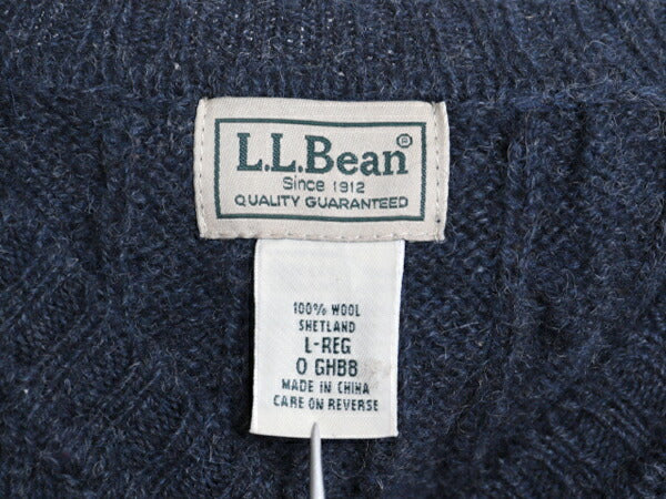 エルエルビーン シェットランド ウール ケーブル ニット セーター メンズ L / 無地 LLBEAN アウトドア クルーネック ミドルゲージ ネイビー