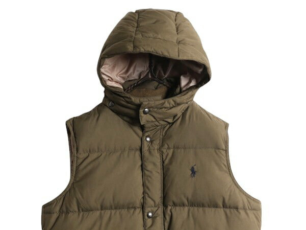 00s ポロ ラルフローレン ナイロン ダウン ベスト レディース L メンズ M 程/ 古着 00年代 オールド 前開き フルジップ 脱着 フード付き 緑