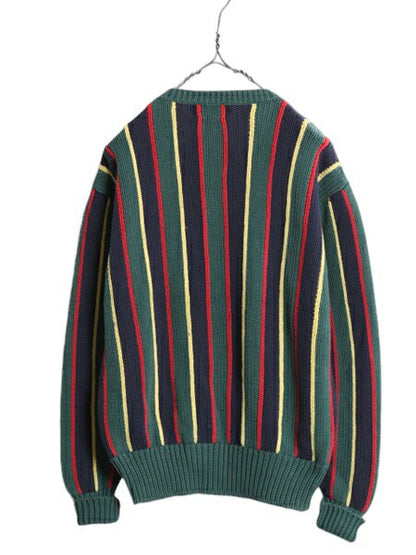 90s ポロ ラルフローレン ストライプ ニット セーター メンズ レディース S オールド テニス コットン Vネック ワンポイント マルチカラー