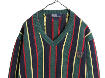 90s ポロ ラルフローレン ストライプ ニット セーター メンズ レディース S オールド テニス コットン Vネック ワンポイント マルチカラー
