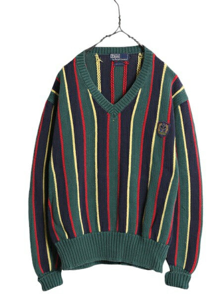 90s ポロ ラルフローレン ストライプ ニット セーター メンズ レディース S オールド テニス コットン Vネック ワンポイント マルチカラー