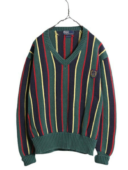90s ポロ ラルフローレン ストライプ ニット セーター メンズ レディース S オールド テニス コットン Vネック ワンポイント マルチカラー