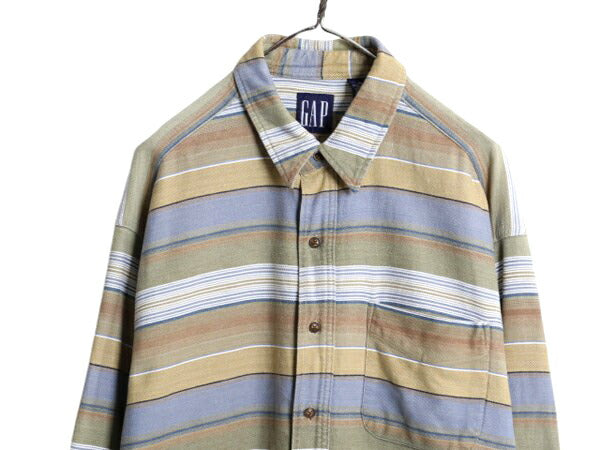 90s OLD GAP ボーダー ヘビー フランネル シャツ メンズ XL / オールド ギャップ 長袖シャツ コットン ネルシャツ ネイティブ 大きいサイズ