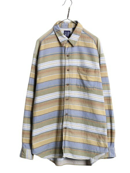 90s OLD GAP ボーダー ヘビー フランネル シャツ メンズ XL / オールド ギャップ 長袖シャツ コットン ネルシャツ ネイティブ 大きいサイズ