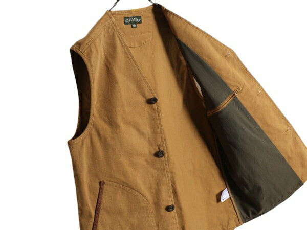 オービス ワーク ベスト メンズ M 古着 ORVIS アウトドア 前開き 重ね着 ヘビーウェイト ストレッチ コットン 本革 レザー ハンティング 茶