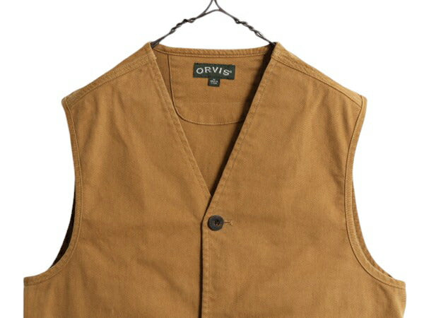 オービス ワーク ベスト メンズ M 古着 ORVIS アウトドア 前開き 重ね着 ヘビーウェイト ストレッチ コットン 本革 レザー ハンティング 茶