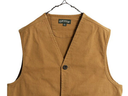 オービス ワーク ベスト メンズ M 古着 ORVIS アウトドア 前開き 重ね着 ヘビーウェイト ストレッチ コットン 本革 レザー ハンティング 茶