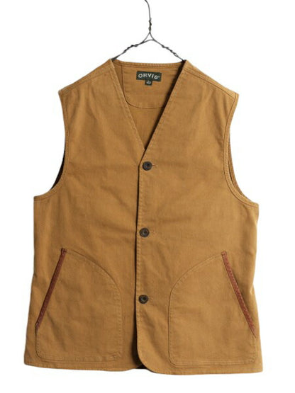 オービス ワーク ベスト メンズ M 古着 ORVIS アウトドア 前開き 重ね着 ヘビーウェイト ストレッチ コットン 本革 レザー ハンティング 茶