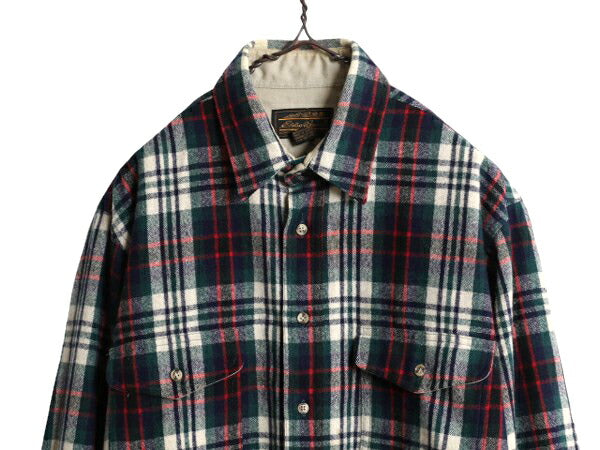 90s エディーバウアー チェック ウール シャツ メンズ M 古着 90年代 オールド Eddie Bauer 長袖シャツ ポケット付き マルチカラー 黒タグ