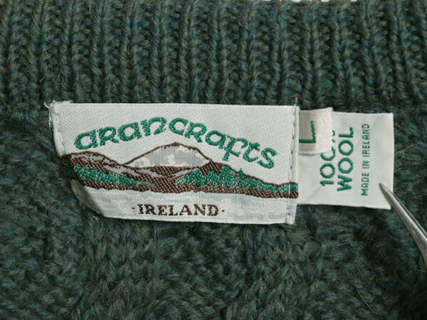 アイルランド製 aran crafts フィッシャーマン ウール ニット セーター メンズ L / 古着 アラン ケーブル クルーネック 無地 ローゲージ 緑