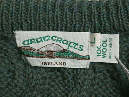 アイルランド製 aran crafts フィッシャーマン ウール ニット セーター メンズ L / 古着 アラン ケーブル クルーネック 無地 ローゲージ 緑
