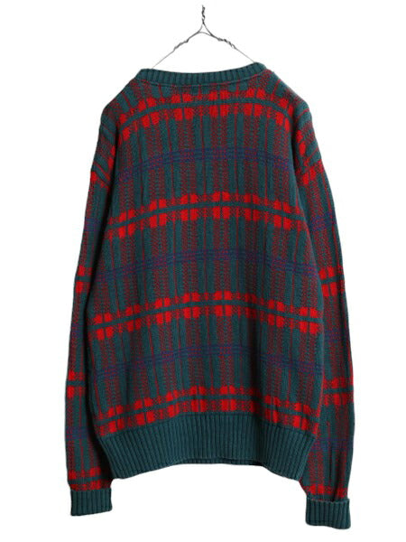 80s USA製 ウールリッチ チェック デザイン ニット セーター メンズ M 80年代 ヴィンテージ Woolrich 紺タグ コットン 総柄 クルーネック