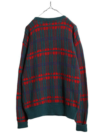 80s USA製 ウールリッチ チェック デザイン ニット セーター メンズ M 80年代 ヴィンテージ Woolrich 紺タグ コットン 総柄 クルーネック