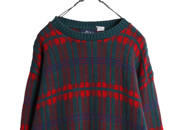 80s USA製 ウールリッチ チェック デザイン ニット セーター メンズ M 80年代 ヴィンテージ Woolrich 紺タグ コットン 総柄 クルーネック