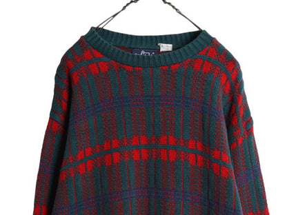 80s USA製 ウールリッチ チェック デザイン ニット セーター メンズ M 80年代 ヴィンテージ Woolrich 紺タグ コットン 総柄 クルーネック