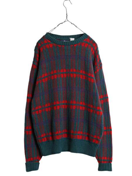 80s USA製 ウールリッチ チェック デザイン ニット セーター メンズ M 80年代 ヴィンテージ Woolrich 紺タグ コットン 総柄 クルーネック