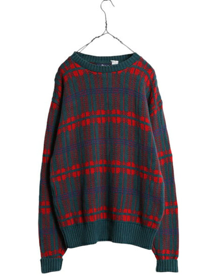 80s USA製 ウールリッチ チェック デザイン ニット セーター メンズ M 80年代 ヴィンテージ Woolrich 紺タグ コットン 総柄 クルーネック