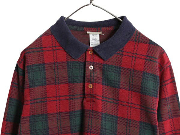 90s USA製 エルエルビーン チェック 長袖 ポロシャツ メンズ M オールド LLBEAN アウトドア スムース コットン 長袖シャツ マルチカラー
