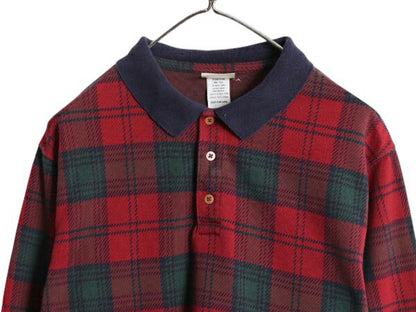 90s USA製 エルエルビーン チェック 長袖 ポロシャツ メンズ M オールド LLBEAN アウトドア スムース コットン 長袖シャツ マルチカラー