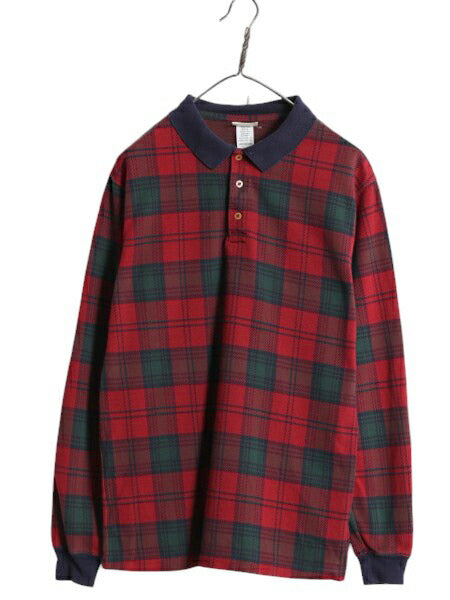 90s USA製 エルエルビーン チェック 長袖 ポロシャツ メンズ M オールド LLBEAN アウトドア スムース コットン 長袖シャツ マルチカラー