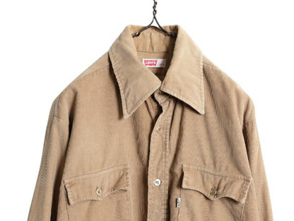 70s リーバイス 細畝 コーデュロイ 長袖 シャツ メンズ L / 古着 Levis 70年代 ヴィンテージ ポケット付き 白タブ ワンポイント ベージュ