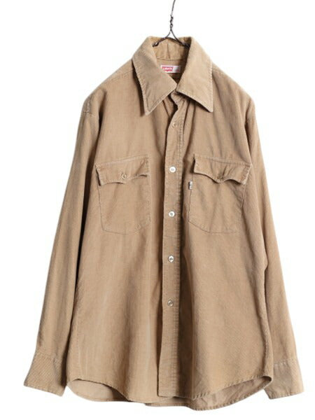 70s リーバイス 細畝 コーデュロイ 長袖 シャツ メンズ L / 古着 Levis 70年代 ヴィンテージ ポケット付き 白タブ ワンポイント ベージュ