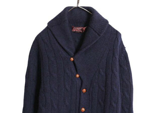 80s Bloomingdale's ショールカラー ニット カーディガン メンズ M ヴィンテージ セーター ウール ケーブル 前開き 無地 フィッシャーマン