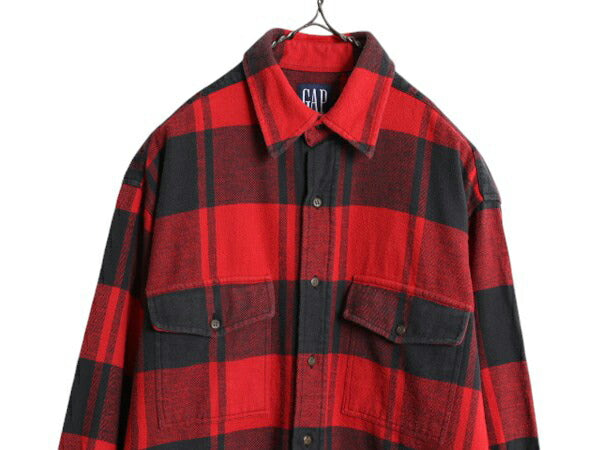 90s OLD GAP チェック ヘビー フランネル シャツ メンズ M 90年代 オールド ギャップ 長袖シャツ ポケット付き ネルシャツ ツートン 黒 赤