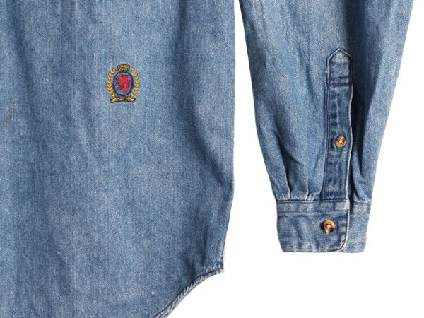 80s 90s トミーヒルフィガー 3点留め ボタンダウン 長袖 デニム シャツ メンズ S / ヴィンテージ TOMMY HILFIGER 長袖シャツ ポケット付き
