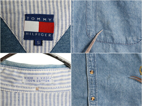 80s 90s トミーヒルフィガー 3点留め ボタンダウン 長袖 デニム シャツ メンズ S / ヴィンテージ TOMMY HILFIGER 長袖シャツ ポケット付き