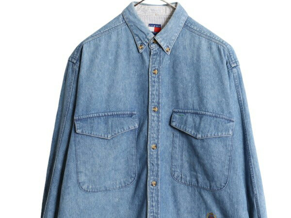 80s 90s トミーヒルフィガー 3点留め ボタンダウン 長袖 デニム シャツ メンズ S / ヴィンテージ TOMMY HILFIGER 長袖シャツ ポケット付き