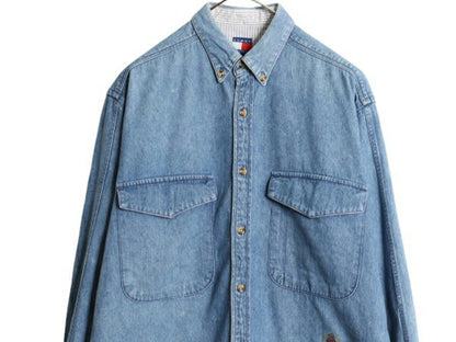80s 90s トミーヒルフィガー 3点留め ボタンダウン 長袖 デニム シャツ メンズ S / ヴィンテージ TOMMY HILFIGER 長袖シャツ ポケット付き