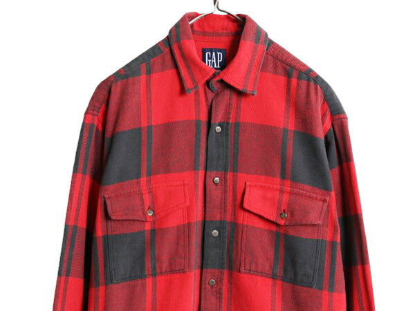 90s OLD GAP チェック ヘビー フランネル シャツ メンズ M 程 古着 オールド ギャップ 長袖シャツ ポケット付き ネルシャツ ツートン 黒 赤