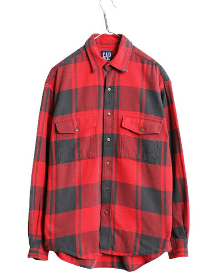 90s OLD GAP チェック ヘビー フランネル シャツ メンズ M 程 古着 オールド ギャップ 長袖シャツ ポケット付き ネルシャツ ツートン 黒 赤