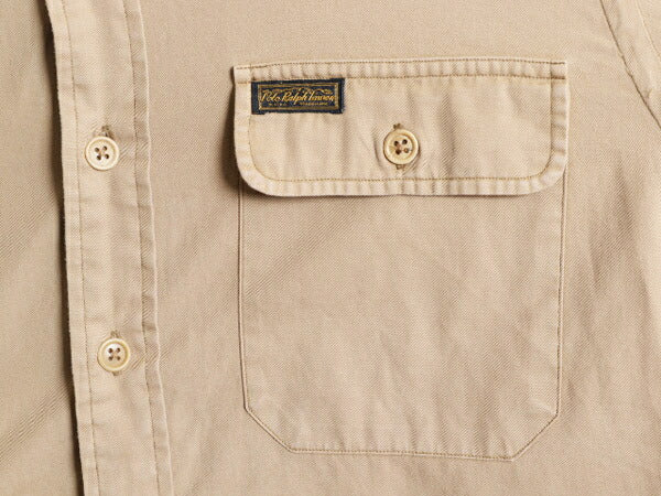 90s ポロ ラルフローレン 長袖 ワーク シャツ メンズ L 古着 90年代 オールド コットン 長袖シャツ ワンポイント チノ ベージュ ポニー無し