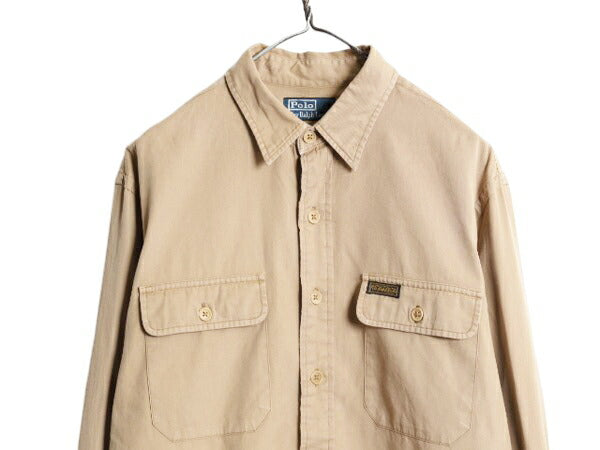 90s ポロ ラルフローレン 長袖 ワーク シャツ メンズ L 古着 90年代 オールド コットン 長袖シャツ ワンポイント チノ ベージュ ポニー無し