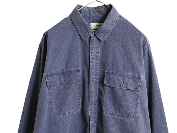 80s USA製 エルエルビーン 長袖 コットン ダック シャツ メンズ XL / 80年代 LLBEAN ヴィテージ LLビーン 長袖シャツ ポケット付き 無地 紺