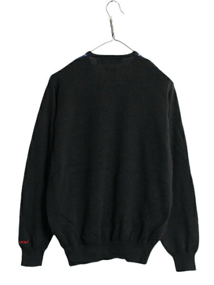 90s ポロゴルフ チェック コットン ニット セーター メンズ S 古着 90年代 オールド POLO GOLF ラルフローレン Vネック リブ編み ブラック