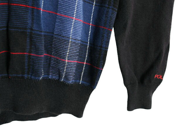 90s ポロゴルフ チェック コットン ニット セーター メンズ S 古着 90年代 オールド POLO GOLF ラルフローレン Vネック リブ編み ブラック