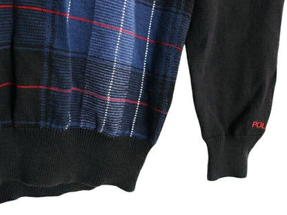 90s ポロゴルフ チェック コットン ニット セーター メンズ S 古着 90年代 オールド POLO GOLF ラルフローレン Vネック リブ編み ブラック